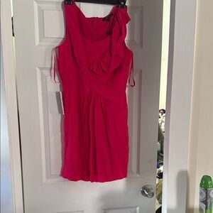 BCBGMaxAzria Red Ruched Sheath Midi Dress with Asymmetrical Neckline